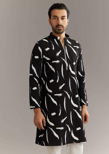 Black Silk Kurta Set With Abstract Prints