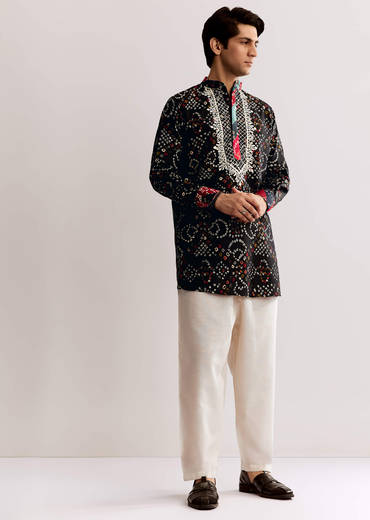 Black Silk Kurta Set With Bandhani Print