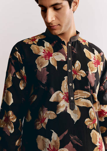 Black Silk Kurta Set With Floral Print