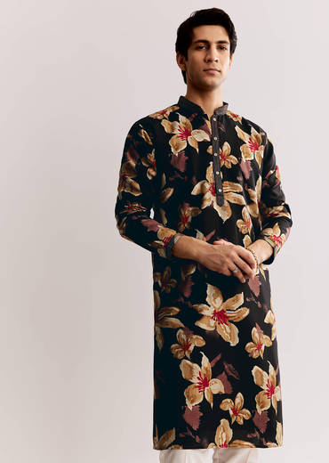 Black Silk Kurta Set With Floral Print