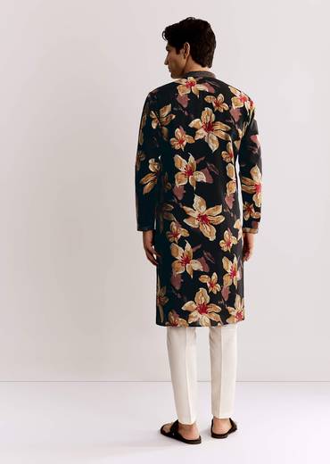 Black Silk Kurta Set With Floral Print