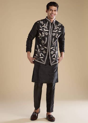 Black Silk Mirror Work Mens Jacket Kurta and Pant Set