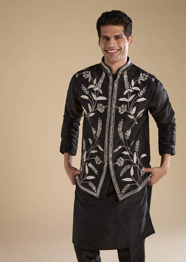 Black Silk Mirror Work Mens Jacket Kurta and Pant Set