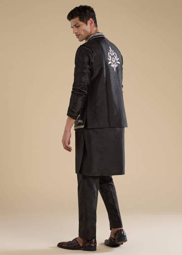 Black Silk Mirror Work Mens Jacket Kurta and Pant Set