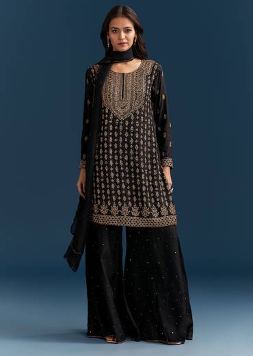 Black Silk Palazzo Suit With Embroidered Cut Dana Work And Dupatta