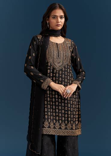 Black Silk Palazzo Suit With Embroidered Cut Dana Work And Dupatta