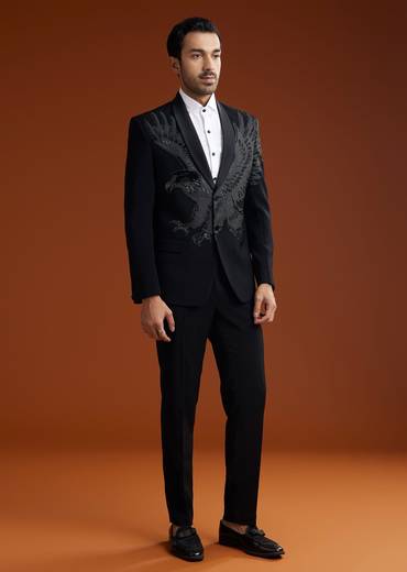 Black Suiting Coat Set With Cutdana Embroidery