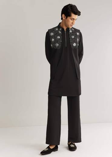 Black Suiting Cutdana Sequins Floral Kurta Jacket Set