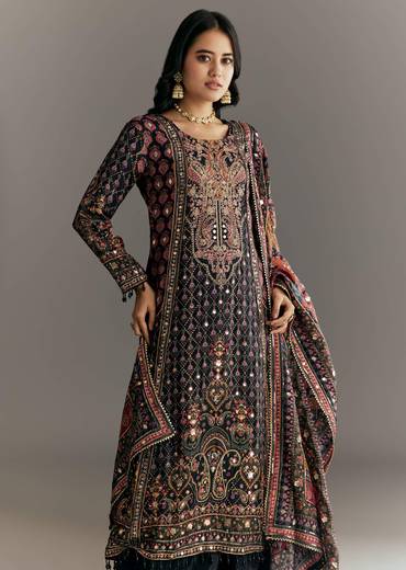 Black Tabby Silk Zari Embroidered Kurta Palazzo With Printed Dupatta