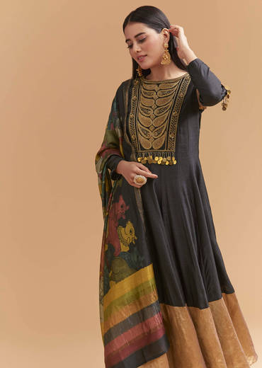 Black Tussar Anarkali Suit With Zardosi And Sequins Hand Embroidery