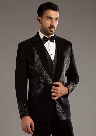 Black Tuxedo For Men With Leather And Dori Work
