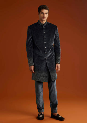 Black Velvet Indo Western Set For Men With Stone Work