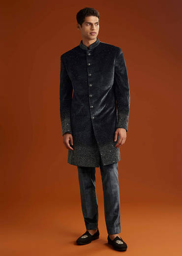 Black Velvet Indo Western Set For Men With Stone Work