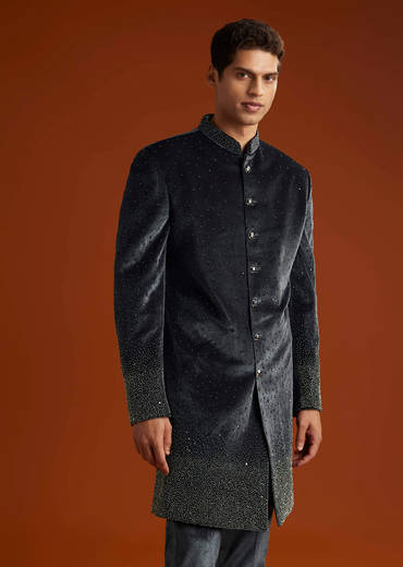 Black Velvet Indo Western Set For Men With Stone Work