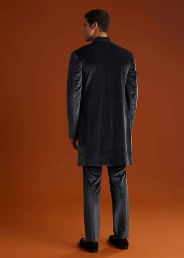Black Velvet Indo Western Set For Men With Stone Work