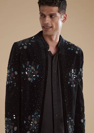 Black Velvet Mens Indowestern with Mirror Beads Detail Work