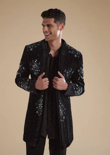 Black Velvet Mens Indowestern with Mirror Beads Detail Work