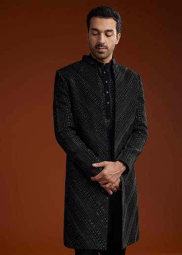 Black Velvet Open Indo Jacket Set With Cutdana Work