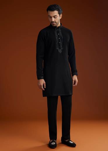 Black Velvet Open Indo Jacket Set With Cutdana Work