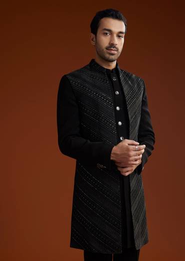 Black Velvet Open Indo Jacket Set With Embroidery
