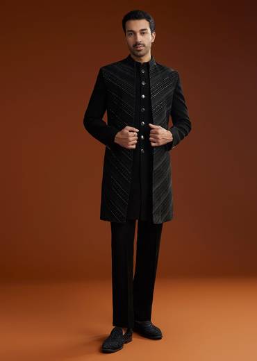 Black Velvet Open Indo Jacket Set With Embroidery