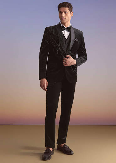 Black Velvet Tuxedo For Men With Cut Work And Beads Embroidery