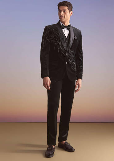 Black Velvet Tuxedo For Men With Cut Work And Beads Embroidery