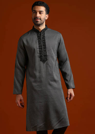Black Viscose Kurta Set For Men With Thread And Stone Embroidery