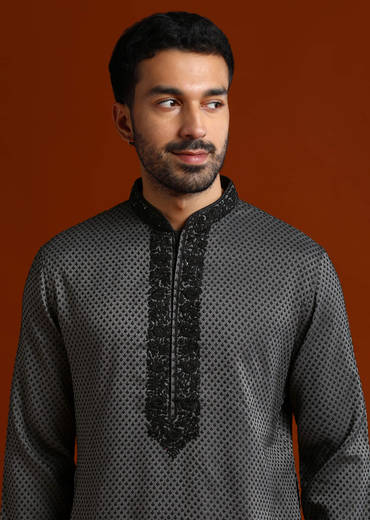 Black Viscose Kurta Set For Men With Thread And Stone Embroidery