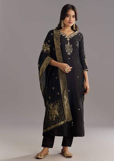 Black Viscose Silk Kurta Set With Zari Moti and Cut Dana Work