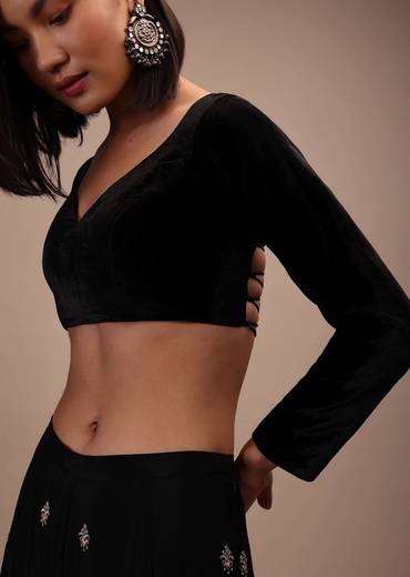 Black Backless Blouse In Velvet With Criss-Cross Tie-Up