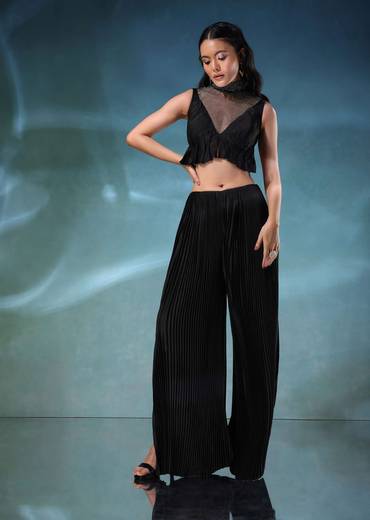 Black Butterfly Mesh Blouse And Palazzo Set In Satin