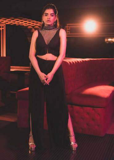 Black Butterfly Mesh Blouse And Palazzo Set In Satin