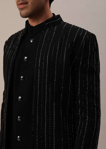 Black Embroidered Indowestern In Suiting Fabric