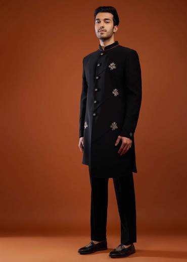 Black Embroidered Sherwani Set In Suiting Fabric