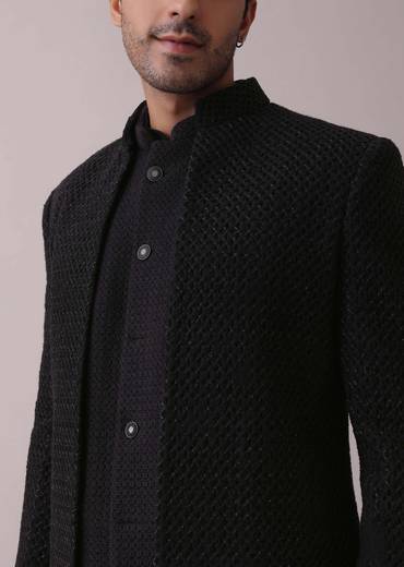Black Indowestern Four-Piece Embroidered Achkan Jacket Set In Georgette