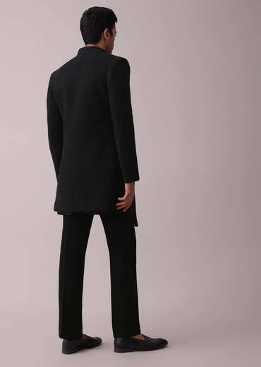 Black Indowestern Four-Piece Embroidered Achkan Jacket Set In Georgette
