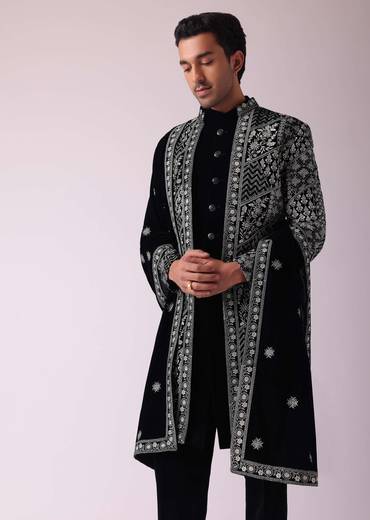 Black Sherwani In Velvet With Thread Embroidery
