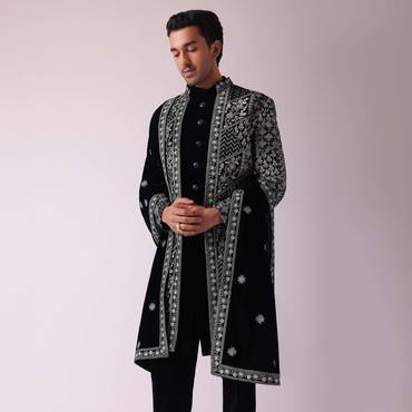 Black Sherwani In Velvet With Thread Embroidery