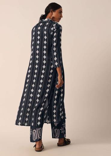 Black Printed Long Jacket And Pant Set In Cotton
