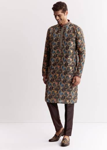 Black Silk Printed Kurta Set