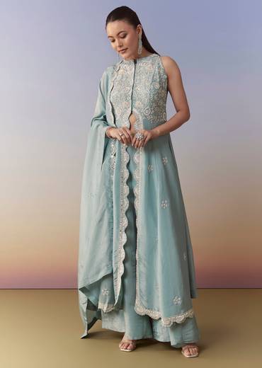 Blue Anarkali Palazzo Set with Cutdana Work