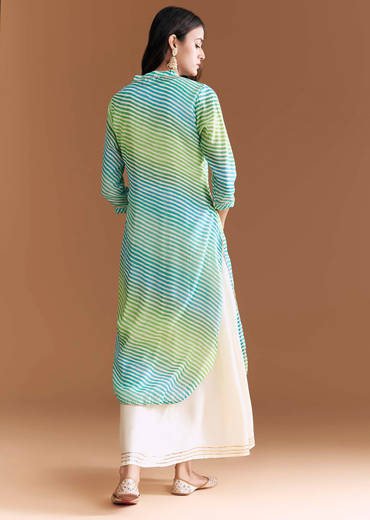 Blue And Green Cotton Kurti With Leheriya Print And Gota Work