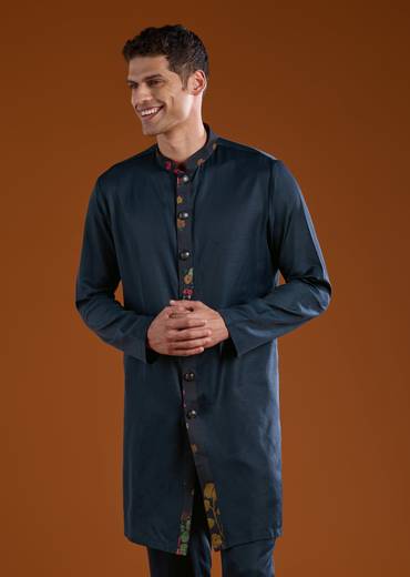 Blue Art Silk Mens Indowestern Kurta Pant Set