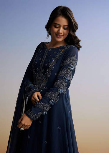 Blue Beaded Anarkali Set With Dupatta