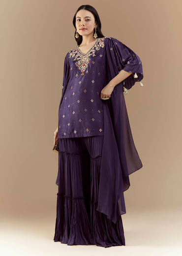 Blue Chinon Silk Sharara Set with Sequin Work