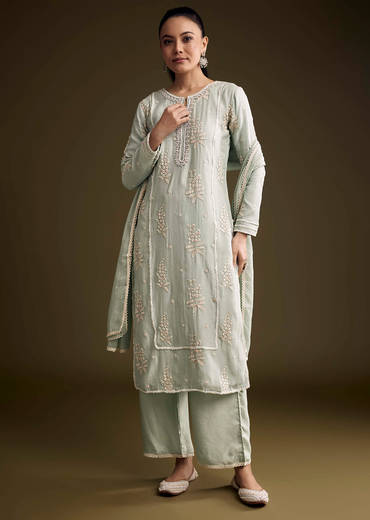 Blue Cotton Kurta Set With Intricate Resham Embroidery