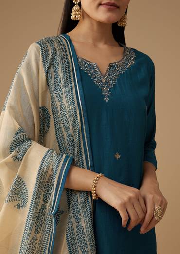 Blue Cotton Silk Gota Embroidered Kurta Set