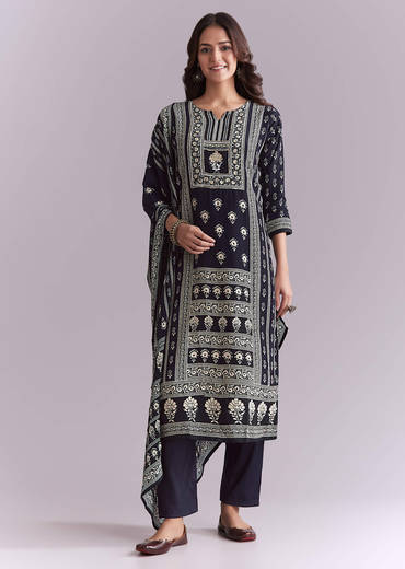 Blue Crepe Kurta Set With Indie Print And Moti Detail