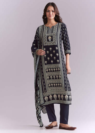 Blue Crepe Kurta Set With Indie Print And Moti Detail